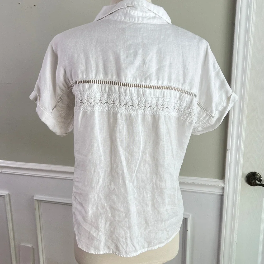 Joie Linen Button Down Shirt S Womens Lace Pocket Short Sleeve White Coastal - Picture 6 of 10